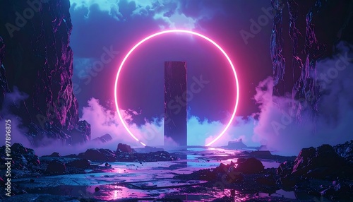 Neon pink circle illuminates foggy landscape with rocks and monolith