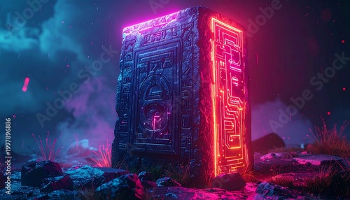 Ancient neon lit stone portal glowing pink stands amidst dark mysterious landscape