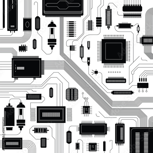 Abstract electronic circuit board illustration with various components like chips, resistors, and capacitors on white background, flat design vector graphic.