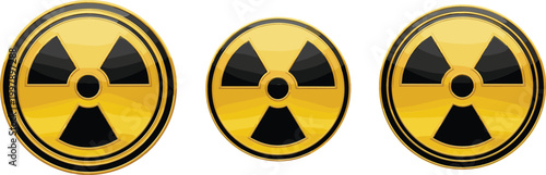 Set of radioactive warning symbols vector illustration featuring golden nuclear hazard signs with circular design for danger alerts safety labeling and industrial risk concepts