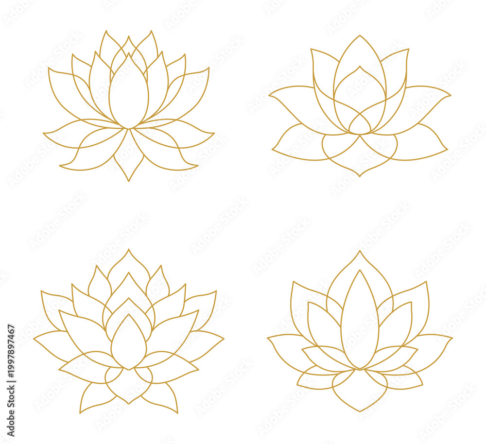 Naklejka premium Golden lotus flower set line art collection isolated transparent background elegant floral clipart png
