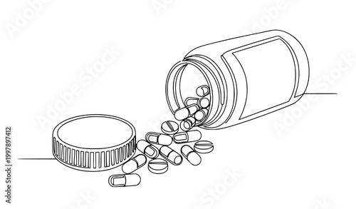 Continuous line open pill bottle with capsules spilling vector illustration modern one line pharmaceutical supplement jar isolated on white