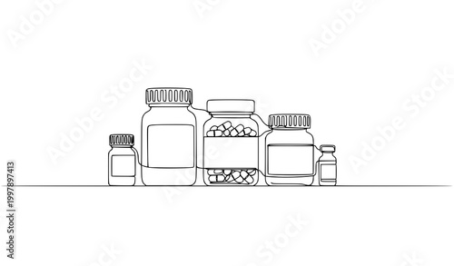 One line pharmaceutical packaging set with pill bottle supplement jar and medicine containers continuous drawing vector isolated on white