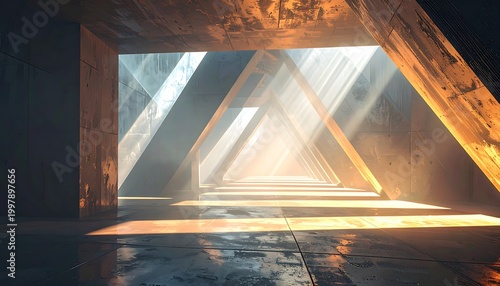 Sunlight streams through a triangular attic window into a dim room.
