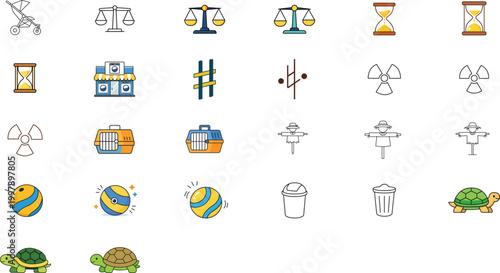 Fotografie 26 Hand-Traced Vector Icon Set Bundle featuring Hourglass, Laundromat, Balance Scale, Radiation Symbol, Pet Carrier, Scarecrow, Stroller, Squeaky Ball, Trash Bin, and Turtle with Editable Stroke