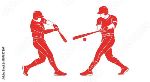 Quadro su tela Baseball Players Swinging Bats, Action Shot, Red Silhouette on White Background