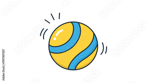 Bouncy Squeaky Ball Vector Icon Illustration, Modern Flat Design of a Rubber Pet Toy with Blue Stripes. Hand-Drawn Style Editable Stroke Line Art for Dog Play, Puppy Fun, and Animal Care Graphics.