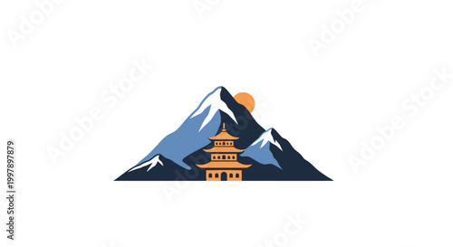 Mountain Pagoda Sunset Illustration.