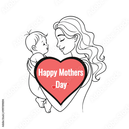 Happy Mother's Day vector illustration. Mother Holding Baby Minimal Line Drawing with Heart Shape. Happy mom happy child.