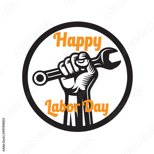 Happy Labor Day solid silhouette vector illustration. Strong Hand Holding Wrench Inside Gear Vector
