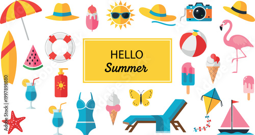 Hello summer illustration with beach accessories icons set including umbrella sunglasses ice cream swimsuit and tropical vacation elements