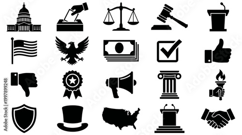 Political and legal silhouette icons voting, justice, government, and freedom