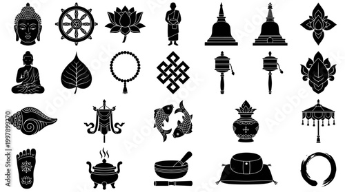 Collection of Buddhist symbols silhouette design elements on white background