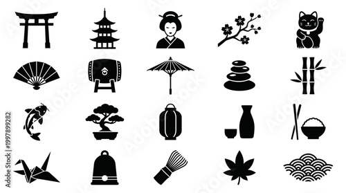 Japanese culture silhouette icons collection for design and creativity