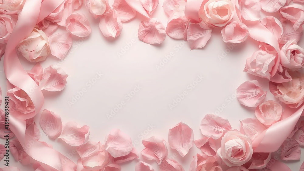 Obraz premium Soft Pink Rose Petal and Ribbon Frame Background, Romantic Coquette Floral Decorative Border Template with Blank Copy Space for Valentine Day Invitation, Spring Wedding, or Feminine Beauty Poster