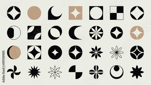 Abstract Geometric Shapes and Celestial Motifs in a Minimalist Design, showcasing circles, squares, moons, and stars in a modern aesthetic