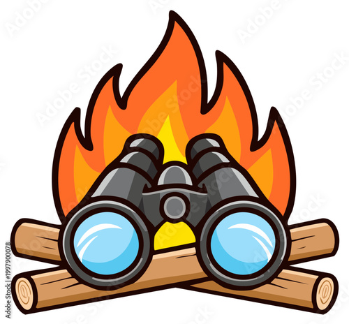 Outdoor Adventure Icon: Binoculars Leaning on Campfire Logs, Adventure Illustration