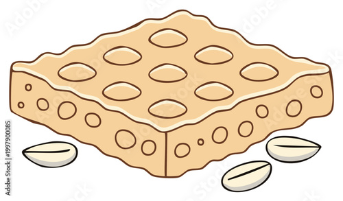 Square nougat confection with embedded nuts and loose nuts on white background