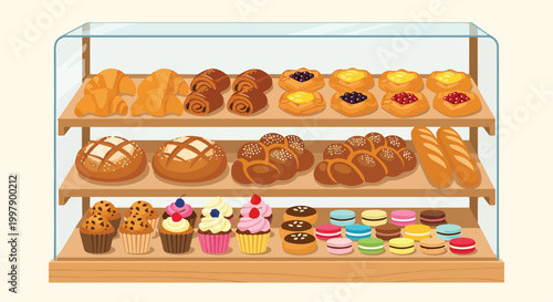 Quadro su tela A glass display case filled with various baked goods
