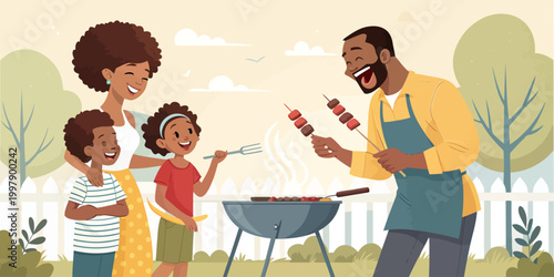 Black family having a backyard barbecue with dad grilling meat skewers afro american family time barbecue children backyard daughter togetherness celebration lifestyle recreation gathering