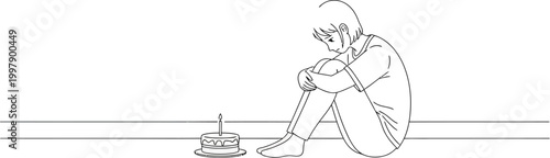 A solitary young person sits curled up with their knees hugged tightly, facing a lone birthday cake with a single lit candle.