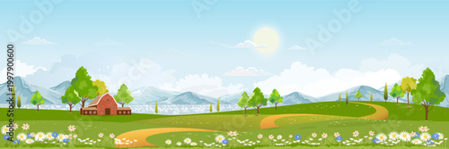 Spring landscape in village with green field and sunset,Vector flat cartoon rural farmland with mountain and forest, pink and blue sky, Natural scene in countryside,Panorama view on sunny day Summer