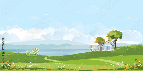 Spring village with Farmhouse on green field by the lake, fluffy cloud and blue sky Background,Rural nature landscape in springtime with grass land, flower, Vector banner cartoon Spring and Summer