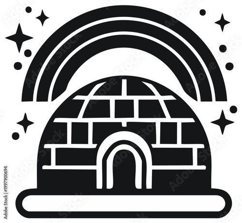 Whimsical black and white illustration of an igloo under a magical rainbow and stars