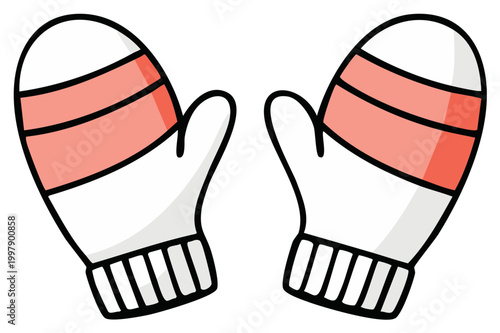 Pair of warm winter mittens in white and coral pink with striped pattern to protect hands from cold weather vector illustration