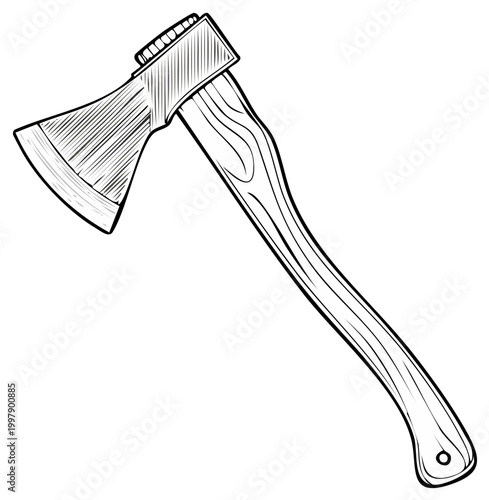 Hand Drawn Illustration of a Classic Wood Axe with Metal Head and Wooden Handle