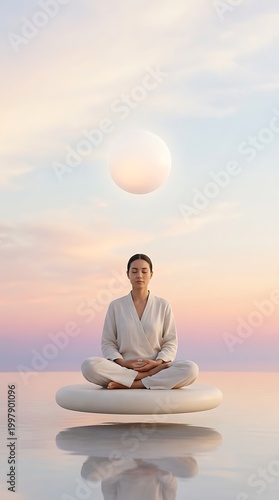 Serene person in meditation practicing yoga poses sitting on a floating platform in a tranquil watery landscape with a glowing sphere above
