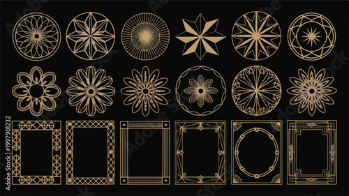 Elegant collection of intricate ornamental geometric patterns and decorative frames, rendered in a sophisticated vintage art deco style, perfect for luxurious design projects and artistic compositions