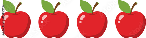 Set of red apples vector illustration featuring fresh ripe fruit with green leaves isolated on white background for healthy food and nutrition design