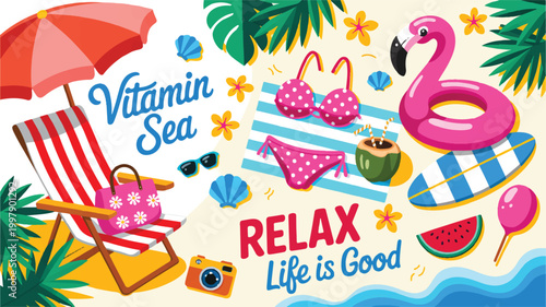 A vibrant flat style illustration collection perfect for summer holidays and beach relaxation, featuring iconic beach items and tropical elements