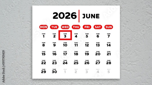 The date June 3rd marked with a red cursor on a wall calendar 2026