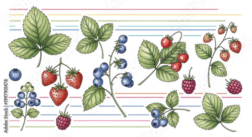 A vibrant collection of watercolor illustrations featuring fresh berries and lush green leaves