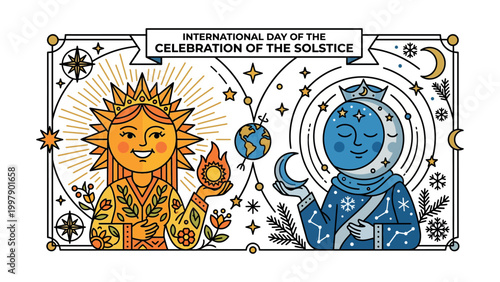 People celebrate International Day of the Solstice with sun and moon illustrations