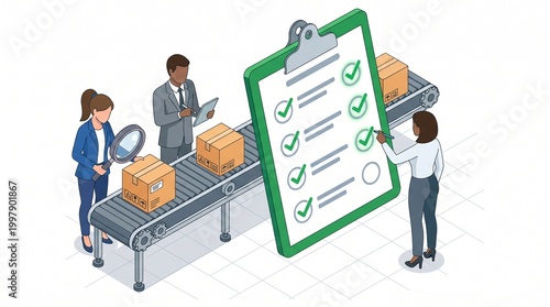 Isometric illustration of business quality assurance and testing checklist