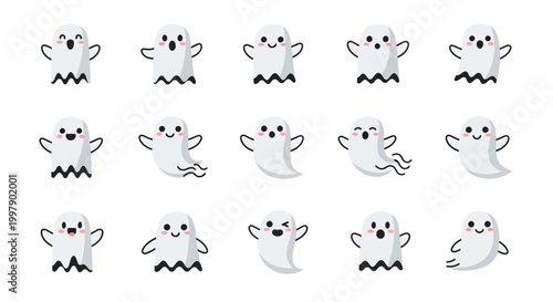 Set of cute cartoon ghost illustrations in various poses and expressions, perfect for Halloween themes and playful designs