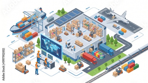 Isometric illustration of global supply chain and logistics delivery