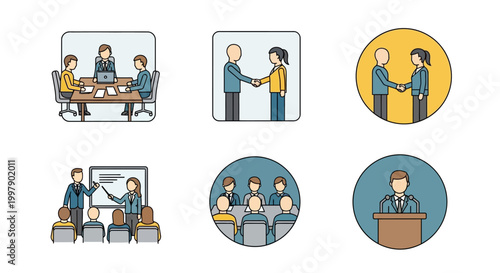 Essential flat line icons depicting various business meetings, professional agreements, and corporate communication scenarios