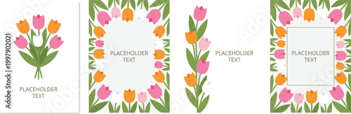 Tulips arranged in colorful bouquets and borders provide multiple layouts with dedicated areas for custom text.