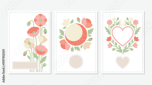 Poppy flowers decorate three separate vertical cards with minimalist botanical illustrations and blank spaces for text.
