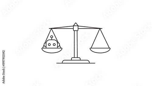 AI Ethics and Regulation Concept: A Minimalist Black Line Vector Icon and Illustration of a Balance Scale with a Robot Head, Representing Artificial Intelligence Law and Bias, Editable Stroke.