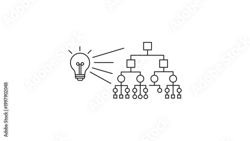 Explainable AI and Logic Transparency Editable Stroke Vector Icon. A minimalist black line illustration of a glowing lightbulb illuminating a hierarchical tree diagram for clarity and insight.