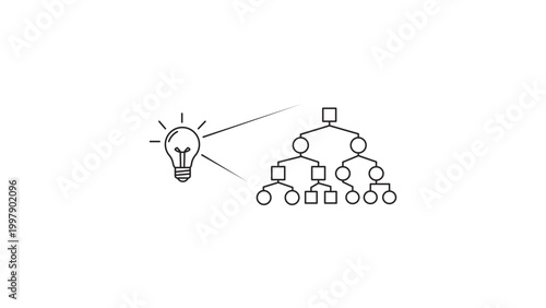 Explainable AI Vector Icon with Editable Stroke. Minimalist black line illustration of a lightbulb illuminating a flowchart or decision tree, representing transparency, logic, and AI insight.