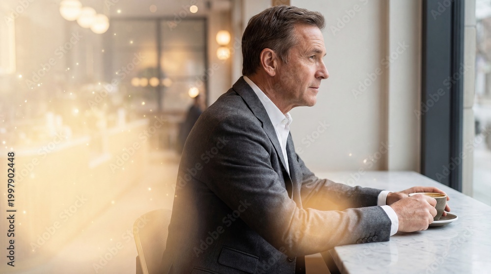 Fototapeta premium Businessman sitting at a table by a window in a modern office building interior