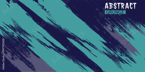 Teal paint stroke with distressed grunge and halftone effect on dark blue background. Stylish abstract composition for posters and branding.