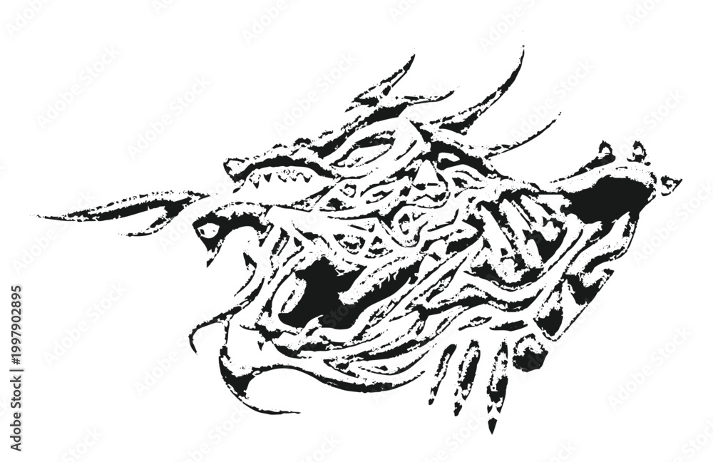 Obraz premium Dragon hand drawn grunge grain black silhouette isolated on white background. Mythical snake, chinese traditional design. Vehicle sticker and decal or tattoo template in tribal style. Vector illustrat