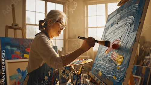 Artist paints on canvas in bright studio with natural light
